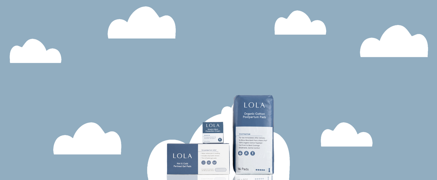 Pospartum Care| Postpartum products: Organic Cotton Postpartum Pads, Stretch Mark Prevention Cream, Hot & Cold Perineal Gel Pads featured on blue background with clouds